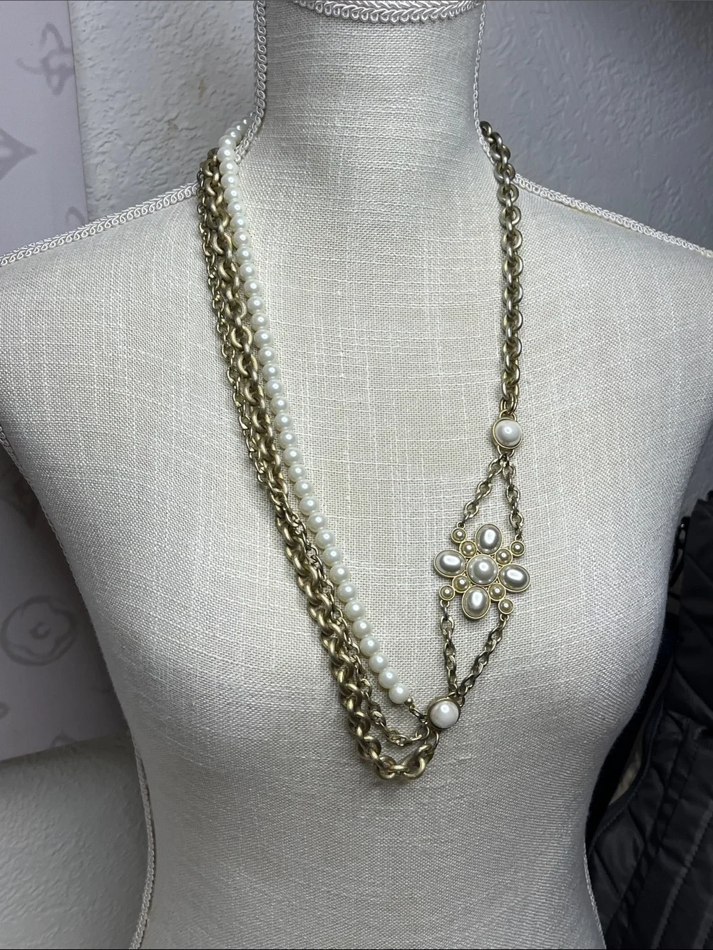 Gold-Tone Multi-Strand Pearl Floral Pendant Necklace - Women Jewelry